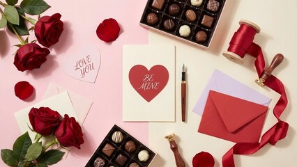 Flat Lay of Valentine&rsquo;s Day Essentials with Red Roses and Heart Cards