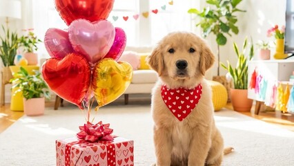 Adorable Dog Wearing Heart Bandana with Valentine&rsquo;s Day Balloons