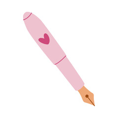 Cute pink fountain pen with heart, illustration of writing tool, ink pen for love letter
