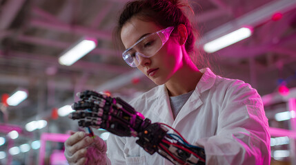 Scientist working on advanced robotic prosthetic hand in a modern laboratory