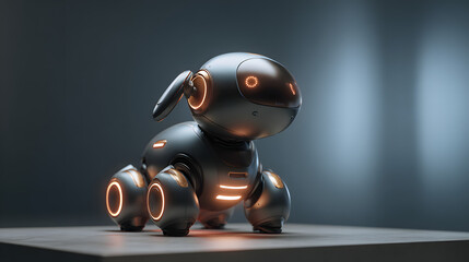 Futuristic robotic dog with glowing orange accents on a minimalist platform