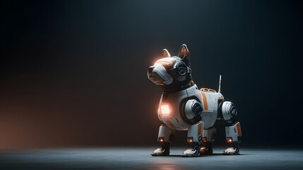 Futuristic robotic dog with orange accents and glowing lights on a dark background