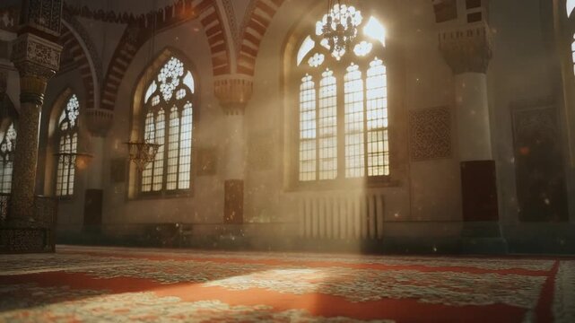 People pray peacefully inside a serene mosque interior with soft sunlight through windows