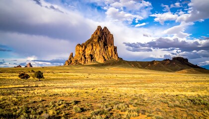Desert landscape with rock formation under a blue sky with fluffy clouds and golden grassland