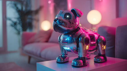 Futuristic chrome robot dog with glowing eyes sits on a table in a neon-lit room
