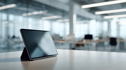 Modern tablet device on a wooden desk in a bright, contemporary office space
