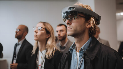 Young man wearing augmented reality headset, experiencing immersive technology with colleagues