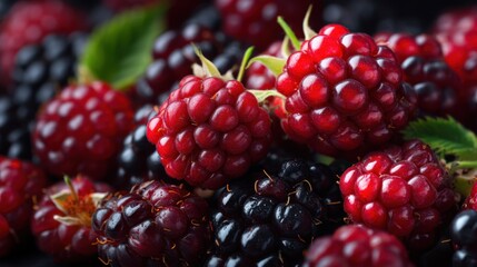 Red and black berries are placed closely on a dark surface. These fresh berries show details of their rich colors and textures. They are ready for sale or consumption.