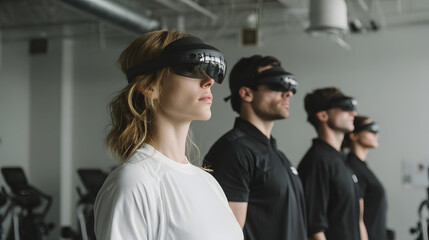 Diverse group of people wearing VR headsets in a modern gym setting
