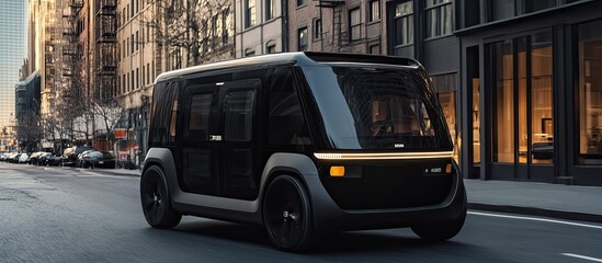 Fototapeta premium Sleek Black Electric Vehicle Driving Through Urban Cityscape, Futuristic Design.