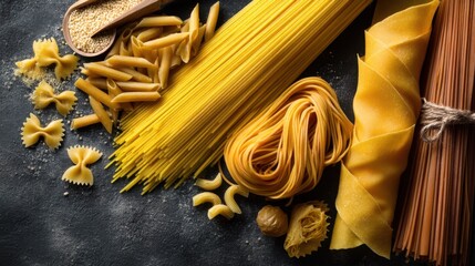 Different types of pasta are arranged on a dark surface. A wooden spoon holds sesame seeds while various shapes of pasta lie nearby. This scene shows ingredients for a meal.
