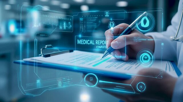 Medical doctor writing on clipboard with holographic medical report completed interface, visualizing digital healthcare data integration, hospital administration, and patient record management.