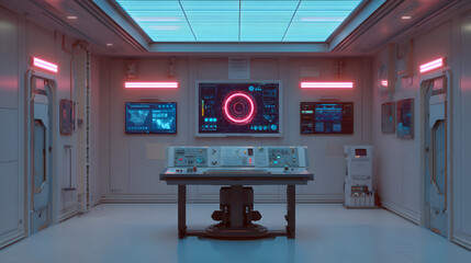 Futuristic control room with glowing screens and advanced technology console