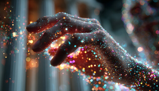 Digital Banking Concept: A luminous bank building hologram floats above a hand, set against a backdrop of binary code and neon lights, symbolizing the future of banking and finance. - Powered by Adobe