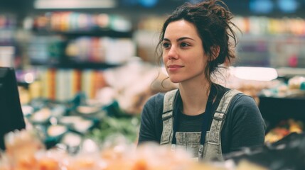 A woman sits at a market stall with fresh produce around her. She appears to be thinking or observing as she takes a short break from her work in the grocery store.