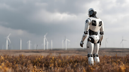 Humanoid robot stands in a field of wind turbines under a cloudy sky