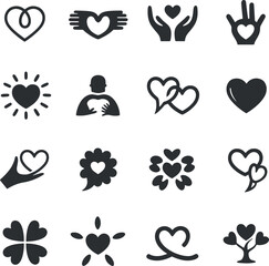 Black Heart Icon Set: 16 Minimalist Love Symbols for UI Design and Charity