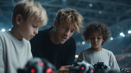 Adult male mentor guiding two young children in a STEM robotics workshop