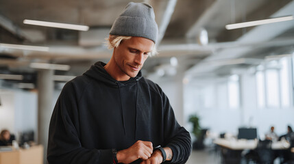 Young man in a beanie and hoodie checks his smartwatch in a modern office setting