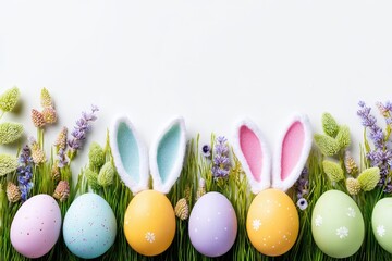Easter background with colorful painted eggs in green grass, bunny ears decoration, spring flowers, festive pastel colors, copy space for greeting, isolated design, holiday concept