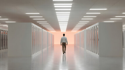 Man walks down a brightly lit server room aisle towards a glowing orange exit