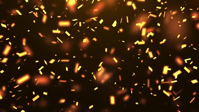 Falling golden confetti particles and beautiful glowing bokeh. Colorful abstract 3D background, 4K