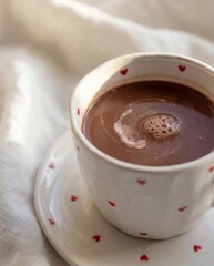 Cozy hot chocolate close up in white heart cup on saucer with soft fabric background
