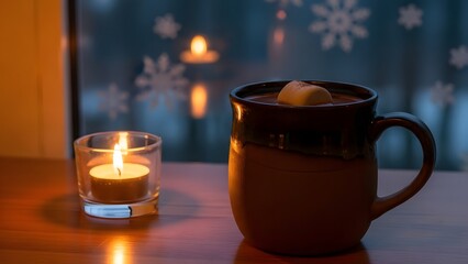 Cozy winter evening scene with a warm mug of hot chocolate and a lit candle by a window decorated with snowflakes.