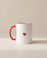 Minimalist white mug with red heart and handle on neutral background
