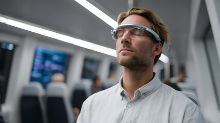 Man wearing futuristic headset and glasses meditating on a train with eyes closed