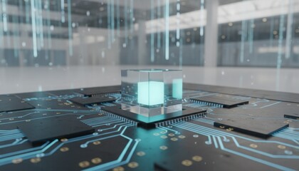 Glowing blue glass cube representing central processor unit mounted on circuit board in bright futuristic high tech laboratory hall