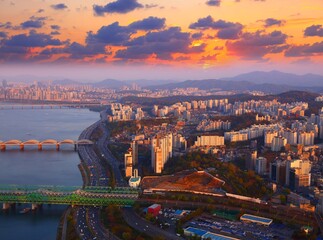 Seoul cityscape in South Korea. City view of sunset skyline in Dongjak district. Bon-dong and Heukseok-dong neighborhoods.