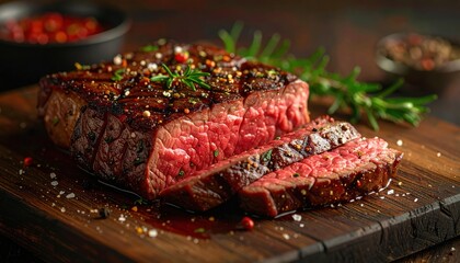 Gourmet grilled beef steak sliced on a rustic wooden board seasoned with peppercorns and fresh rosemary sprigs served with red sauce