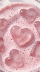 Pink heart ice cubes in foamy berry drink close up
