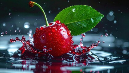 Ripe red cherry with green leaf creating energetic splash in dark water with scattered droplets and ripples