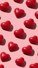 Red heart candies pattern on pink background with hard shadows valentine minimal wallpaper
