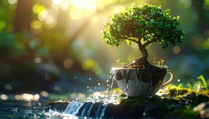 Small bonsai tree growing inside white teacup with water cascading over edges like waterfall in sunny forest setting