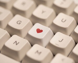 Red heart key on white keyboard close up minimal love technology concept

