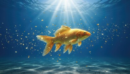 Single golden fish swimming through deep blue underwater rays of light surrounded by floating particles and ocean floor sand