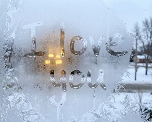 I love you written on frosted window with condensation winter romantic message background
