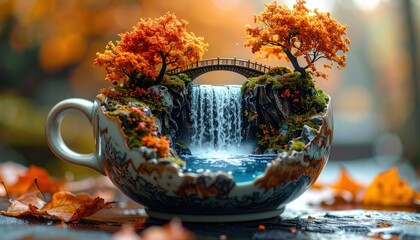 Miniature autumn forest with orange trees and bridge nestled inside cracked ceramic teacup featuring cascading waterfall flowing into pool