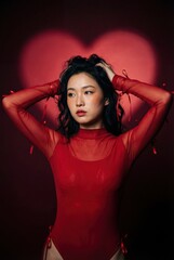 Cinematic red heart light portrait of woman in sheer red bodysuit on dark background
