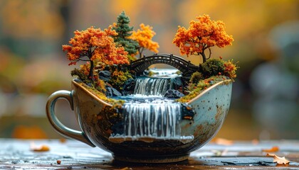 Miniature world inside ceramic bowl featuring tall orange trees and stone bridge over waterfall that spills over rim onto wooden table surface
