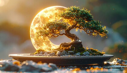 Bonsai tree on a tray illuminated by a massive glowing moon in the background creating a warm orange and yellow lighting