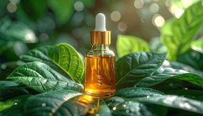 Amber liquid in glass dropper bottle glowing with sunlight while resting on vibrant green tropical leaves in soft focus