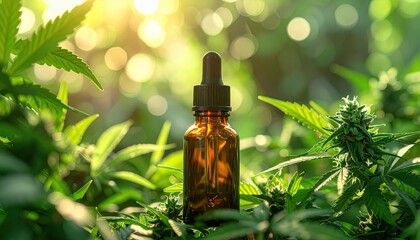 Glass dropper bottle containing herbal oil standing among vibrant green leaves and flowering buds in sunny outdoor setting