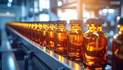 Amber glass pharmaceutical vials moving along an automated production conveyor line in modern manufacturing facility