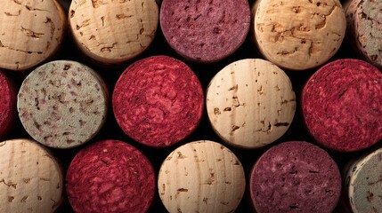 Various corks in different colors and textures are laid out in a neat arrangement. The corks might belong to wine bottles and show unique samples of material.