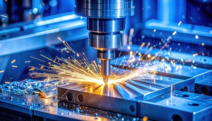 Industrial laser cutting machine processing metal plate with bright orange sparks and blue lighting in factory