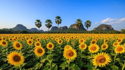 Obraz premium Vibrant Sunflower Field with Palm Trees and Mountains Under a Clear Blue Sky